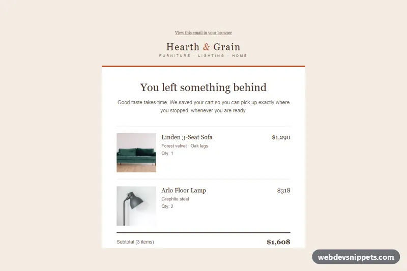 Abandoned Cart Reminder Email – Pure CSS email templates preview