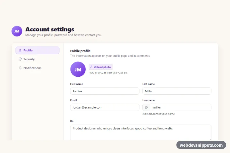 Account Settings Page with Tabs – Bootstrap 5 profile pages preview