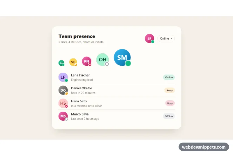 Avatars with Status Indicator – Bootstrap 5 avatars preview