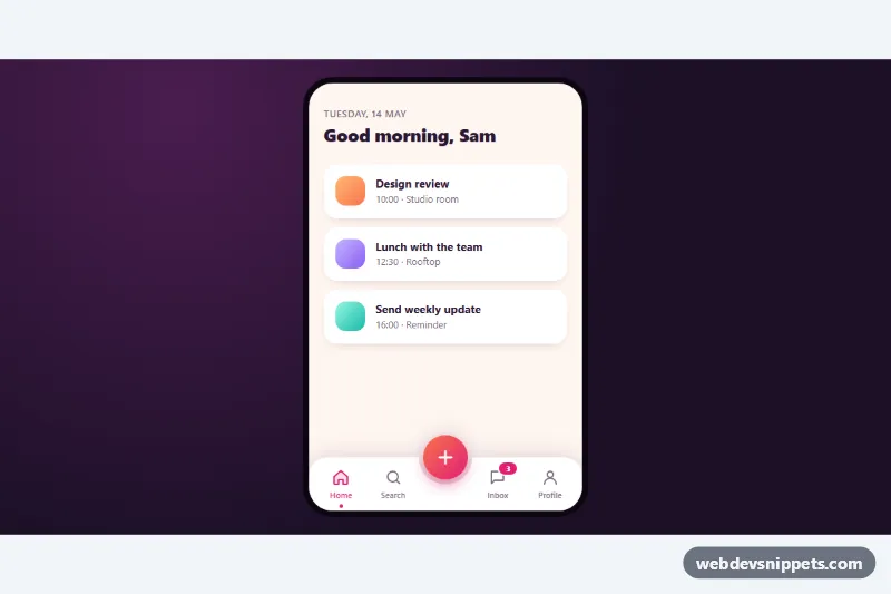 Bottom Navigation with Center Action Button – Pure CSS bottom navigation component screenshot