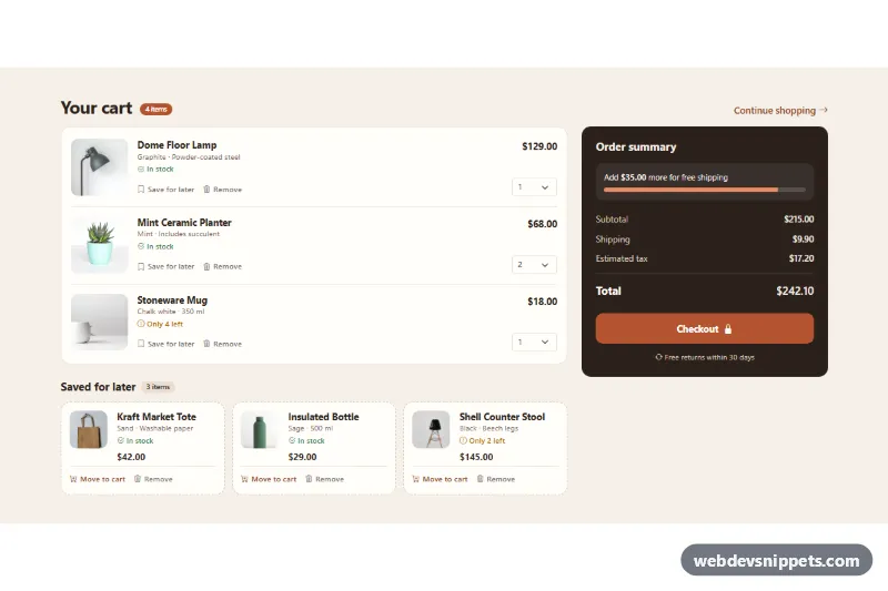 Cart with Saved for Later Section – Bootstrap 5 shopping carts preview