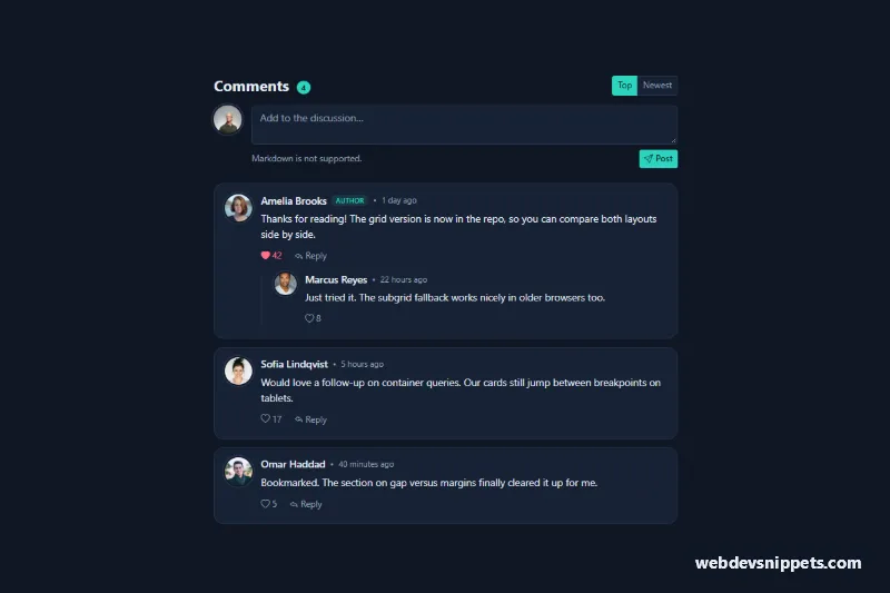 Comments with Likes and User Photos – Bootstrap 5 comments component screenshot