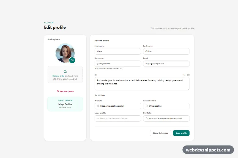 Edit Profile Form with Photo Upload – Tailwind CSS profile pages component screenshot