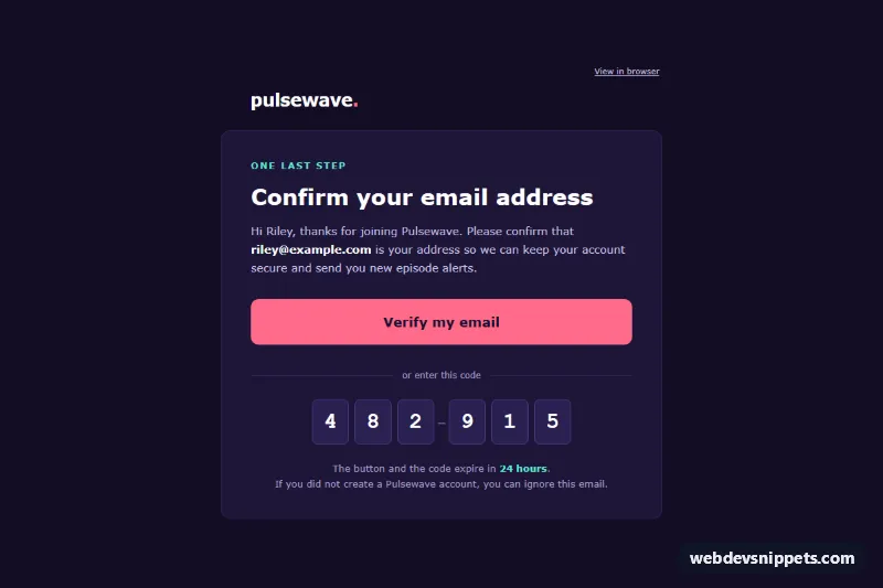 Email Verification Email – Pure CSS email templates component screenshot