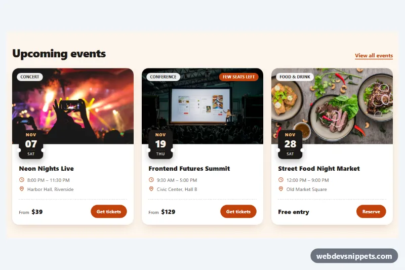 Event Card with Photo and Date Badge – Pure CSS cards component screenshot