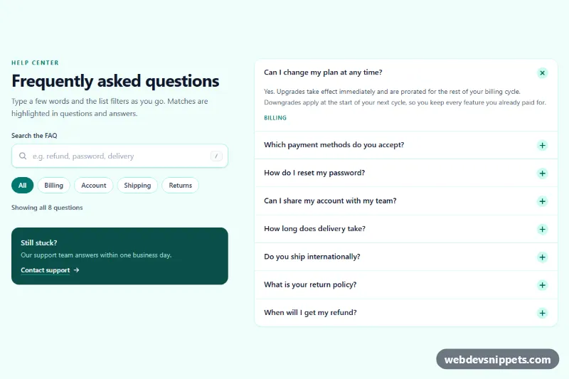 FAQ with Live Search Filter – Tailwind CSS faq sections preview