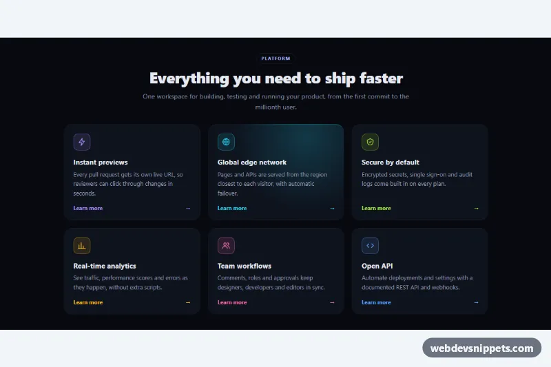 Feature Cards with Hover Glow – Pure CSS feature sections component screenshot