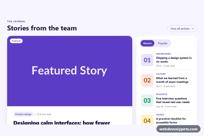 Featured Post with Sidebar List – Bootstrap 5 blog sections preview