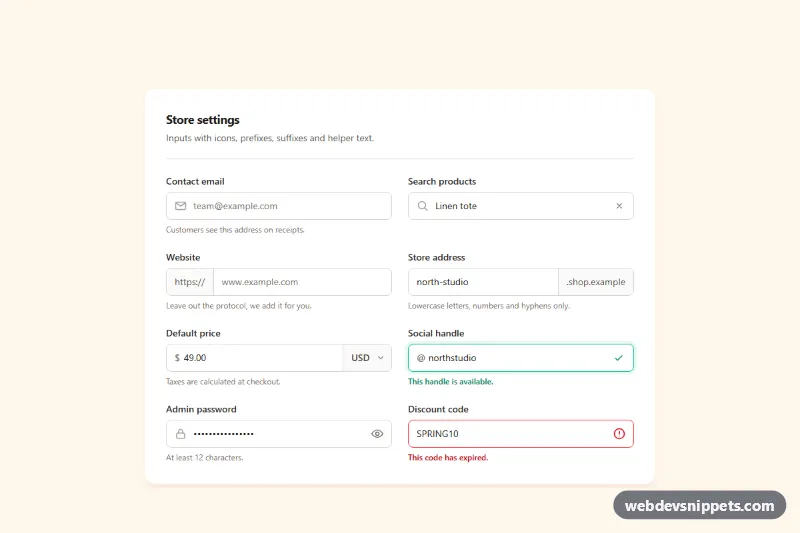 Inputs with Icons and Add-ons – Tailwind CSS inputs preview