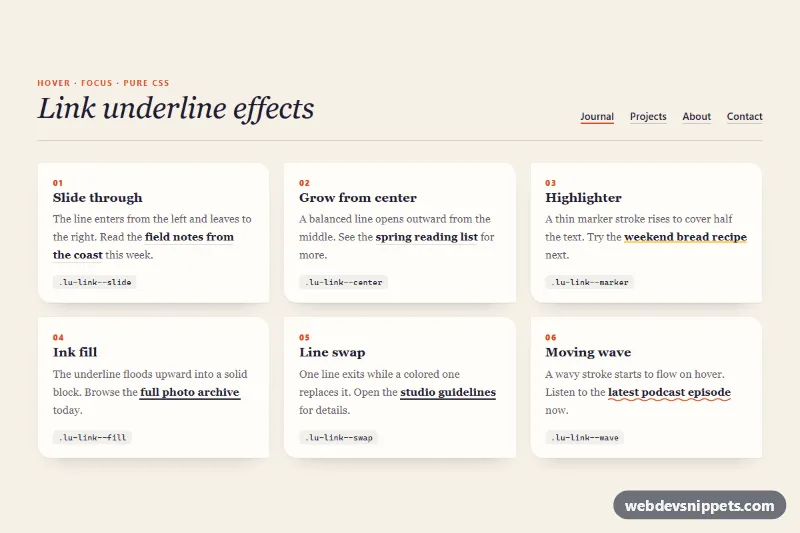 Link Underline Effects – Pure CSS hover effects component screenshot