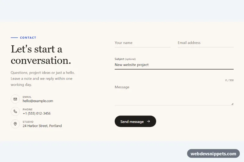Minimal Contact Form with Animated Underline Inputs – Pure CSS contact forms component screenshot