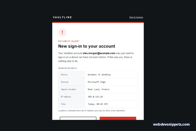 New Sign-In Security Alert Email – Pure CSS email templates component screenshot