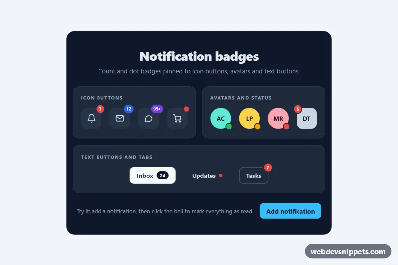 Notification Dot and Count Badges – Pure CSS badges preview