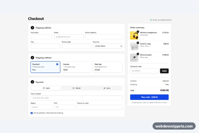 One-Page Checkout with Payment Options – Tailwind CSS checkout preview