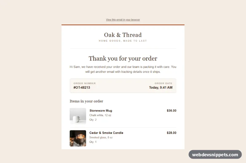 Order Confirmation Email – Pure CSS email templates component screenshot