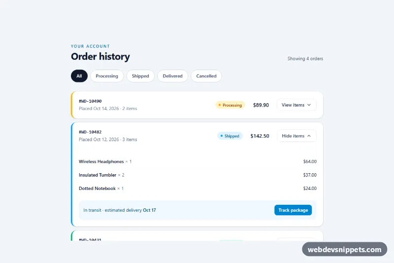 Order History – Tailwind CSS order history preview