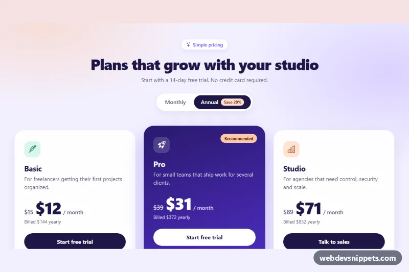 Pricing Cards with Billing Toggle – Bootstrap 5 pricing tables preview
