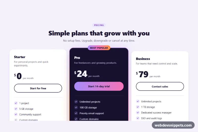 Pricing Cards with Hover – Pure CSS pricing tables preview
