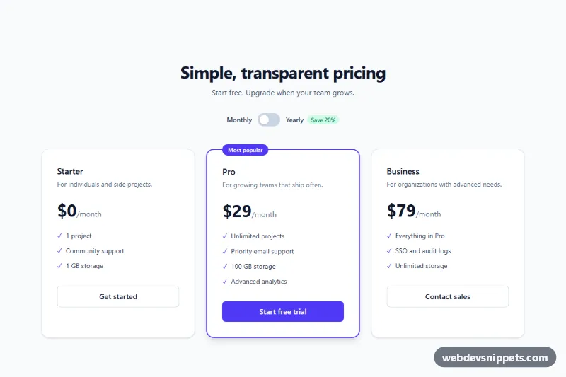Pricing Cards with Monthly/Yearly Toggle – Tailwind CSS pricing tables preview