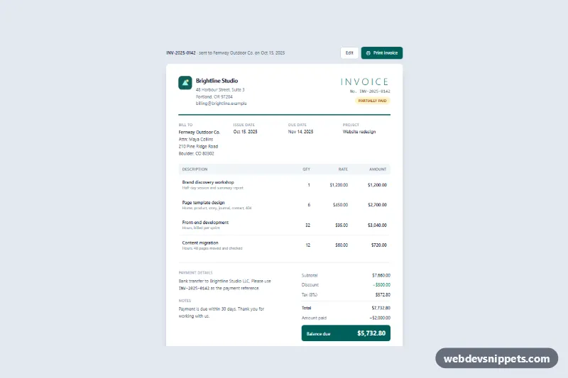 Printable Invoice Layout – Tailwind CSS order history component screenshot