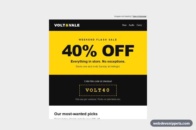 Promotional Sale Email with Discount Code – Pure CSS email templates preview