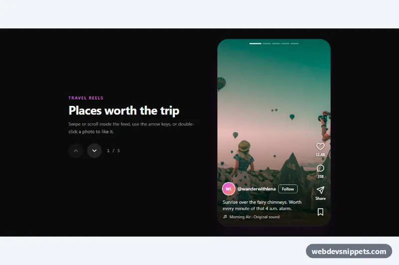 Reels-Style Vertical Feed – Tailwind CSS social feeds preview