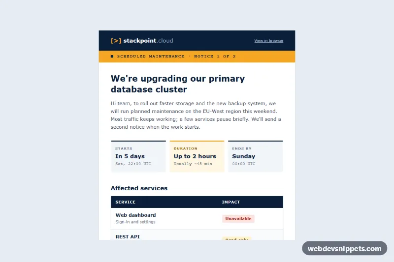 Scheduled Maintenance Notice Email – Pure CSS email templates preview