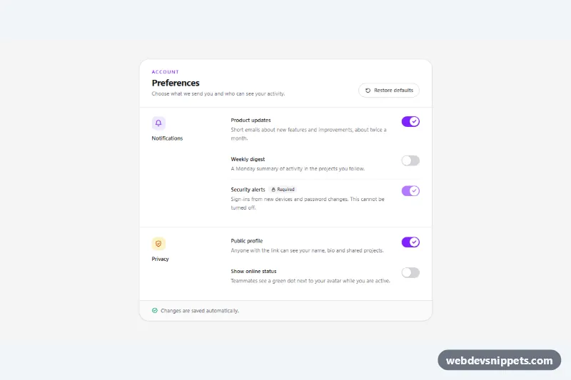 Settings Toggles with Description – Tailwind CSS toggles & switches component screenshot
