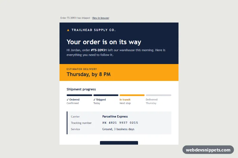 Shipping Confirmation Email with Tracking – Pure CSS email templates component screenshot