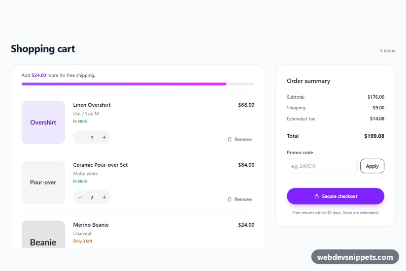 Shopping Cart Page – Tailwind CSS shopping carts preview