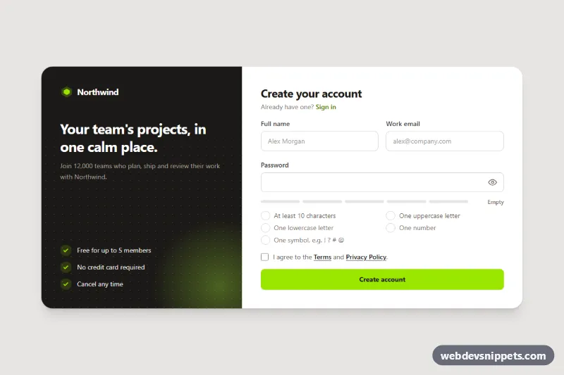 Signup Form with Password Requirements Checklist – Tailwind CSS login & sign up preview