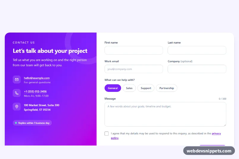 Split Contact Section with Form – Tailwind CSS contact sections preview