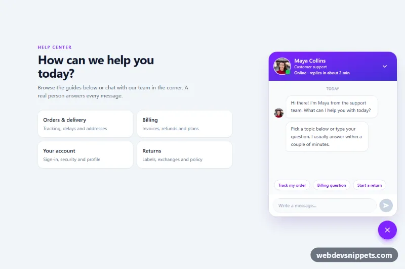Support Chat Popup with Agent Photo – Tailwind CSS chat widgets component screenshot