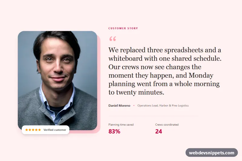 Testimonial with Large Portrait Photo – Tailwind CSS testimonials preview