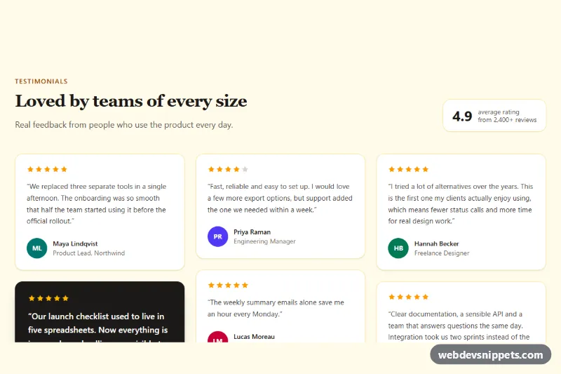 Testimonials Grid – Tailwind CSS testimonials preview