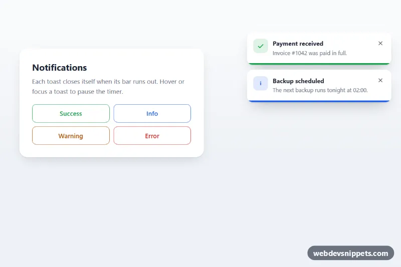 Toast with Progress Bar – Pure CSS toasts component screenshot