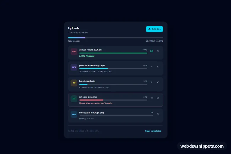 Upload Progress List – Tailwind CSS progress bars component screenshot