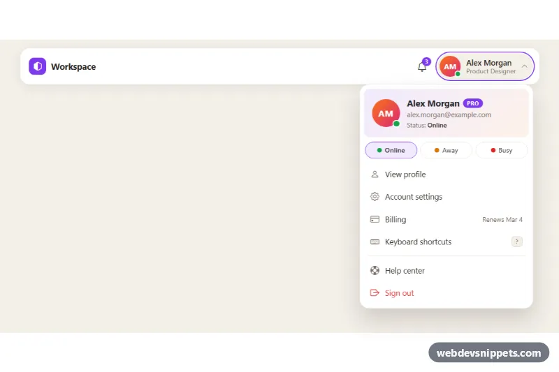 User Account Dropdown – Bootstrap 5 dropdowns preview